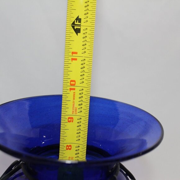 Vintage Cobalt Blue Hand Blown Caged Glass Vase - Picture 10 of 12